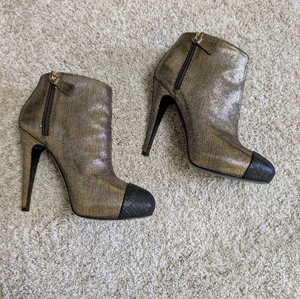 Chanel Gold and Black Metallic Ankle Boots - Size 37 EUC